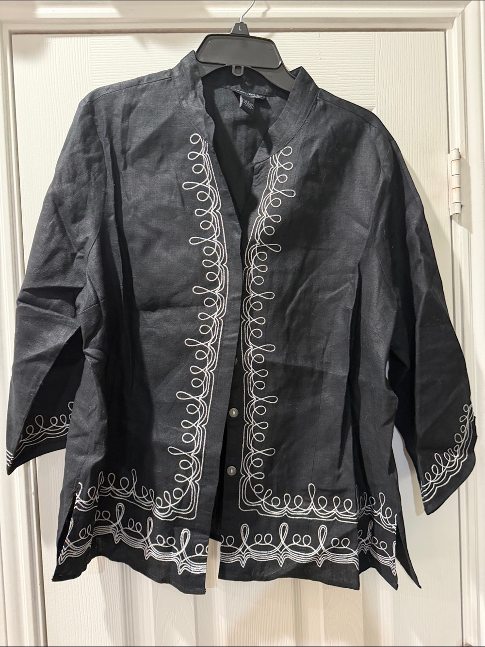 Karen Arnold Linen Black Embroidered button -Front Tunic Top 1X